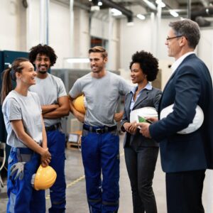 workers hold hard hats stand in circle talking 